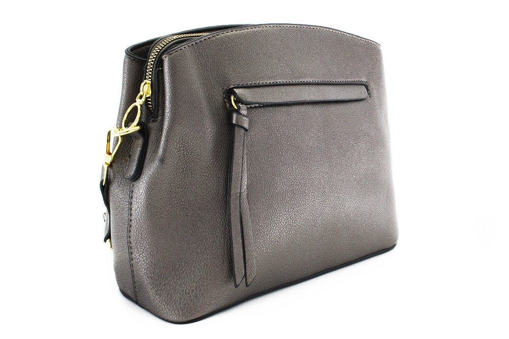 Tmavo strieborná zipsová dámska kabelka s ozdobným popruhom Theoni