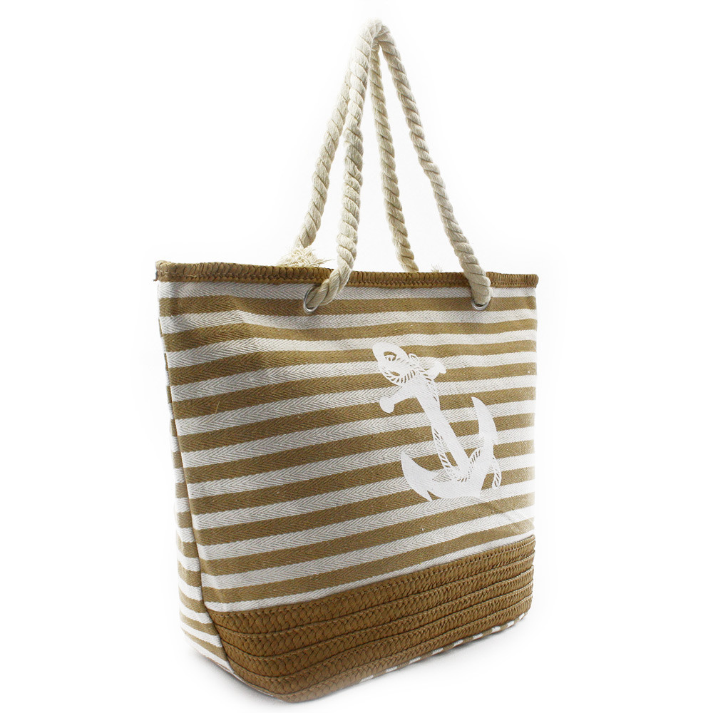 Béžovobiela pruhovaná textilná dámska plážová taška Evlampia