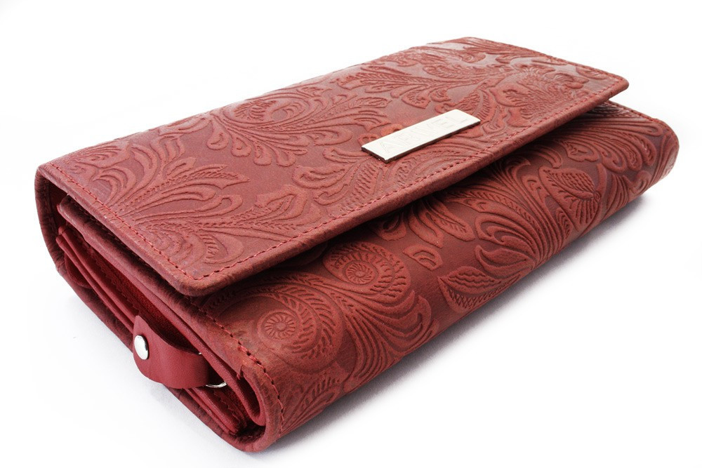 Červená poklopová kožená dámska peňaženka so vzorom Ourania