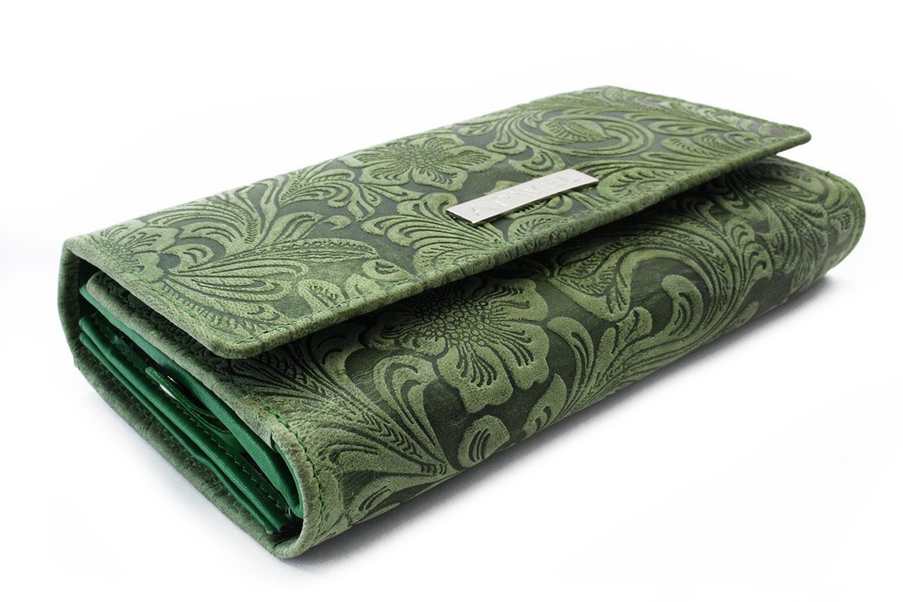 Zelená poklopová kožená dámska peňaženka so vzorom Ourania