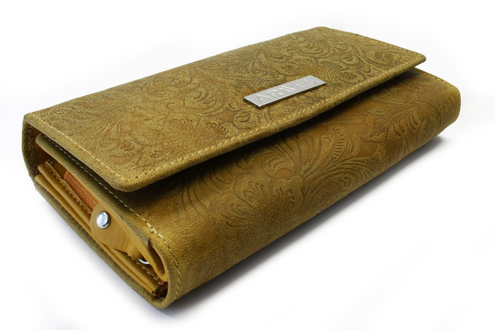 Žltá klopnová kožená dámska peňaženka so vzorom Ourania