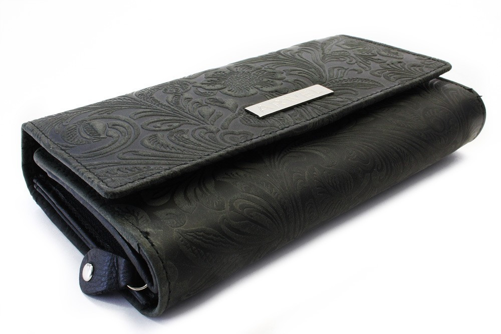 Čierna poklopová kožená dámska peňaženka so vzorom Ourania