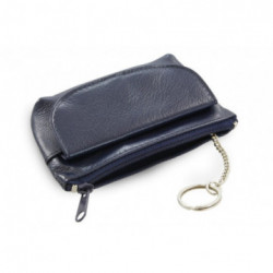 Modrá kožená kľúčenka so zipsom a vreckom na chlopňu Deny