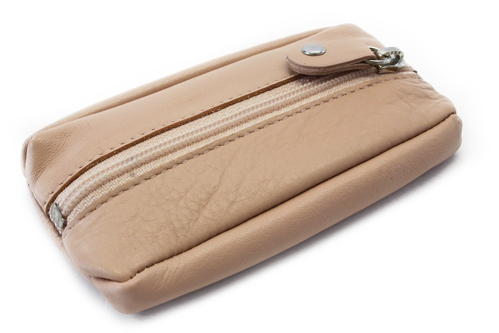 Béžová kožená kľúčenka so zipsovým vreckom Lana