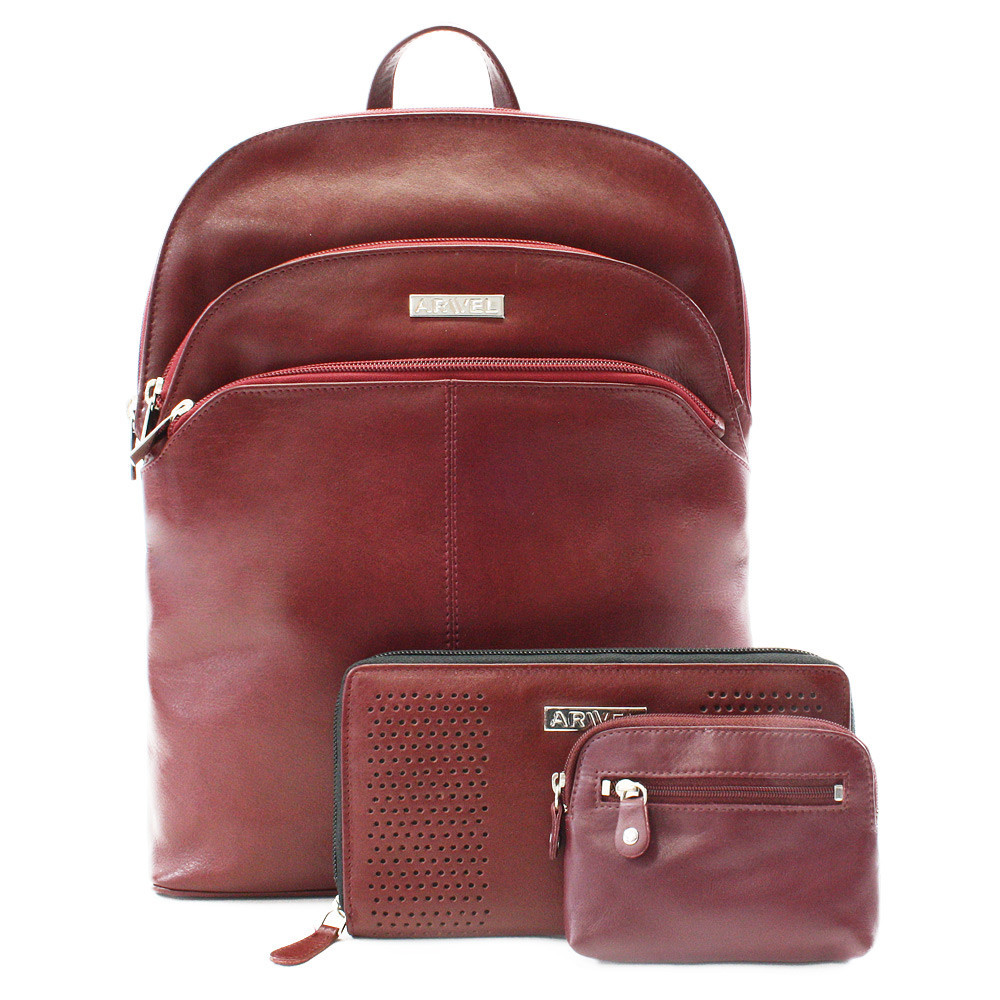 Vínově červená sada dámského batohu, peněženky a klíčenky 412-8955-4722-8104-34