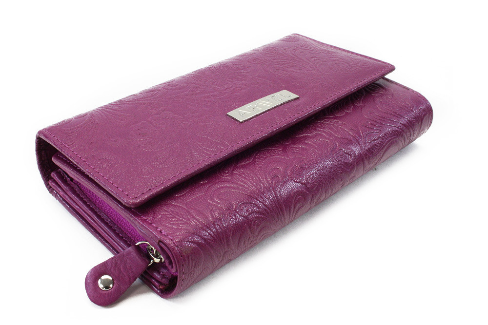 Fuchsiová klopnová kožená dámska peňaženka so vzorom Ourania