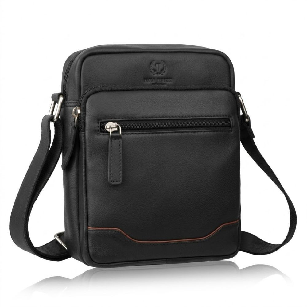 Čierna pánska kožená crossbody taška s hnedým detailom Cobus