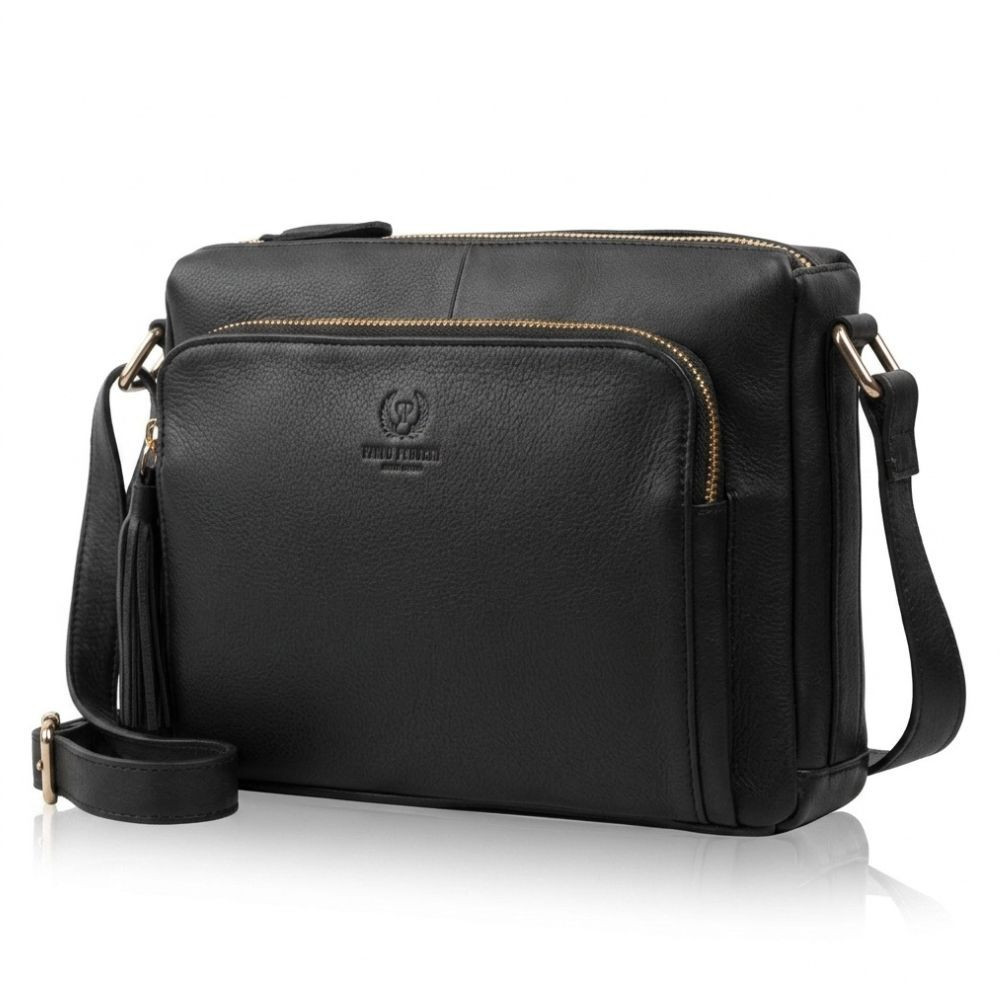 Čierna dámska kožená crossbody kabelka so zlatým kovaním Jacomina