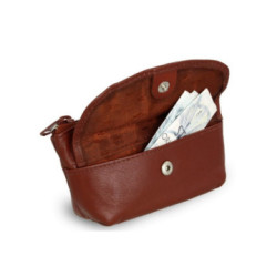 Hnedá kožená kľúčenka so zipsom a vreckom na chlopňu Deny