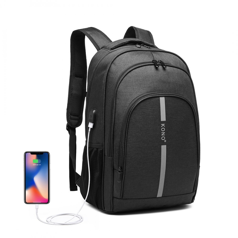 Čierny veľký batoh s reflexným prúžkom a USB portom Dacey